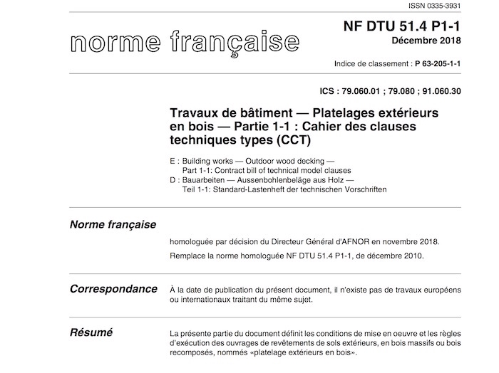NF DTU 51.4 - Platelages extrieurs bois.